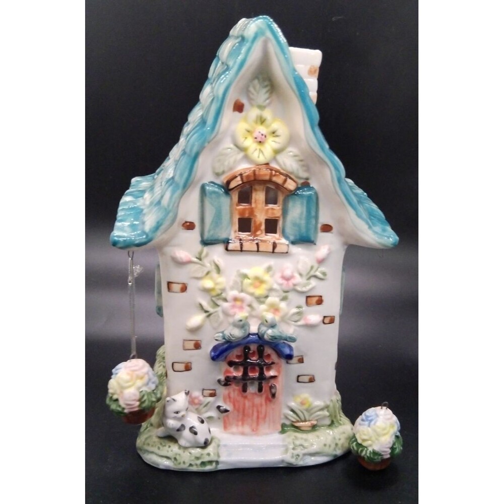 Happy Cottage/House/Bird Flowers Lighted Lamp Lantern Floral - Picture 1 of 7